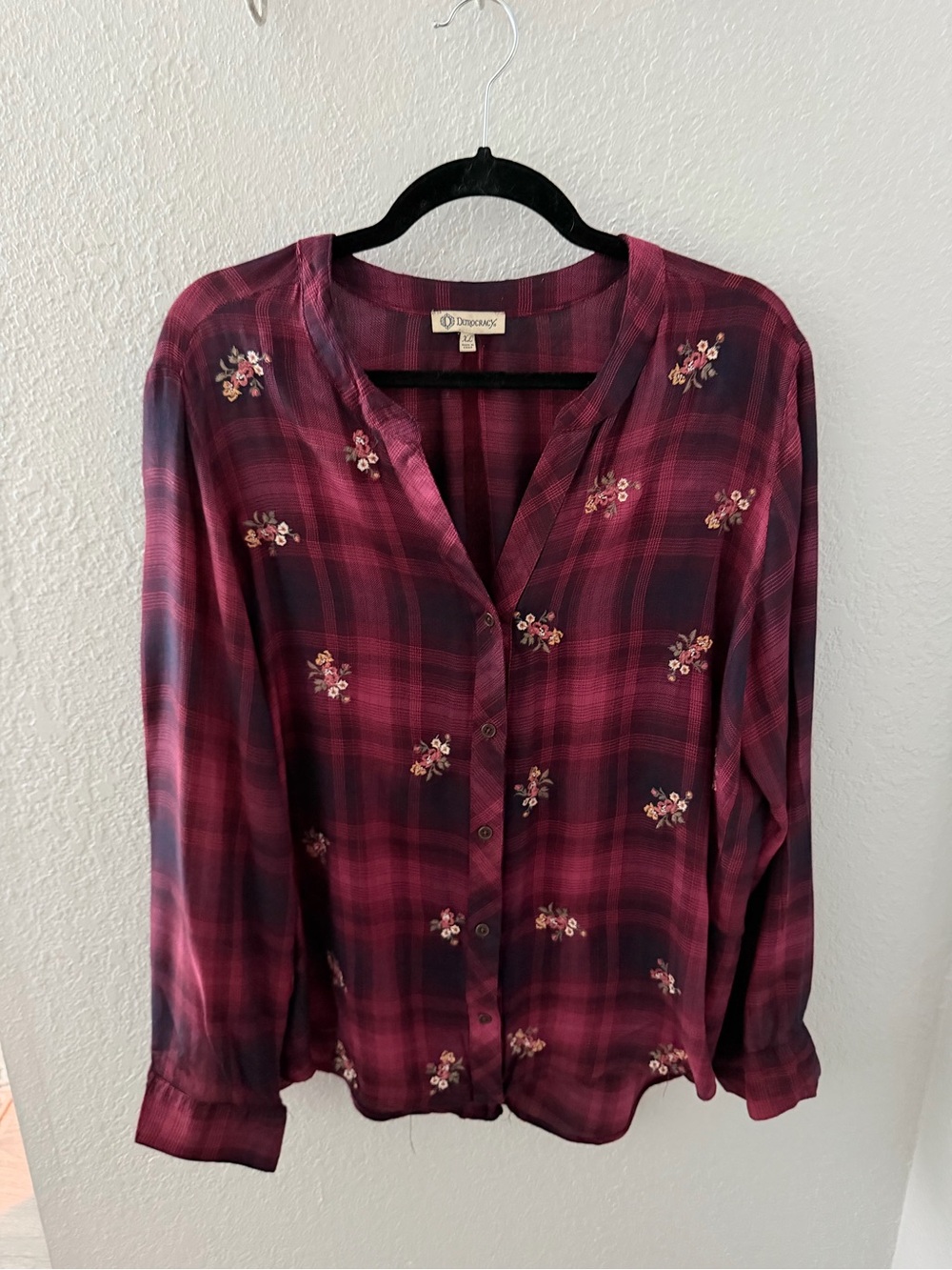 Democracy Burgundy Plaid Button-Front Shirt with Floral Embroidery